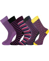 Crew Socks Purple Multi Design 5 Pairs Combed Cotton
