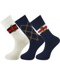 Crew Socks Nautical Design 3 Pairs Combed Cotton Seamless Toe Size 7-11