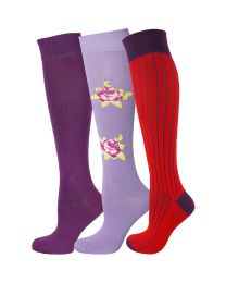 Womens Knee High Socks Multi Design 3 Pairs Combed Cotton Seamless Toe 001