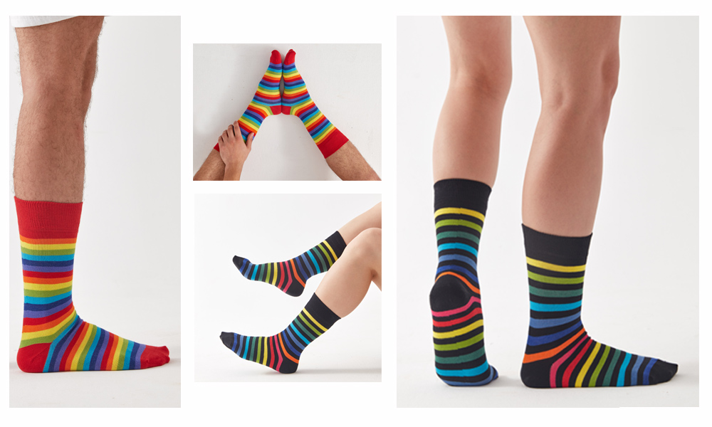 Rainbow Stripe Combed Cotton Seamless Toe Crew Socks